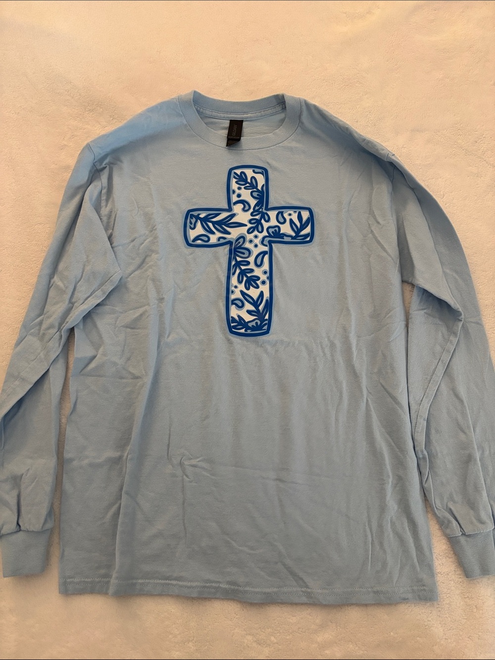 Gildan Light Blue Long-Sleeve Shirt with Blue Cross Graphic